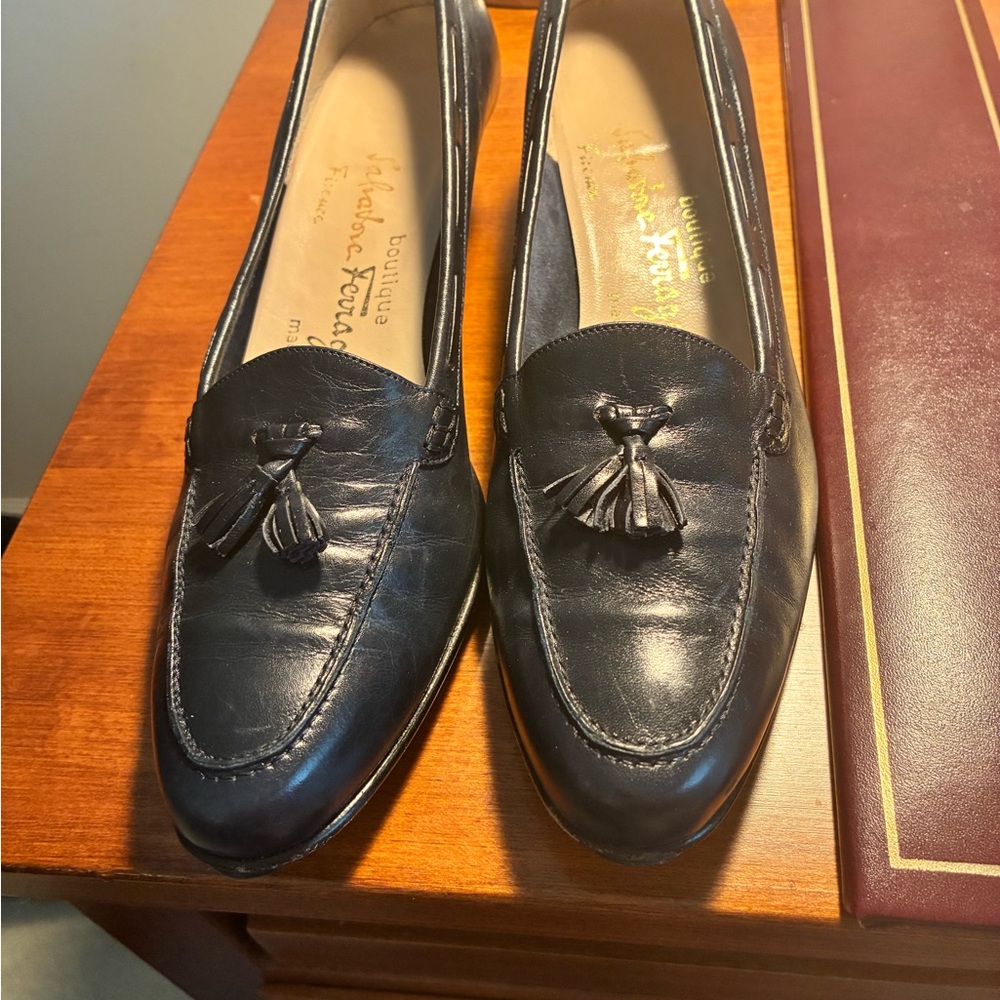 Salvatore Ferragamo Navy Leather Tassel Loafers